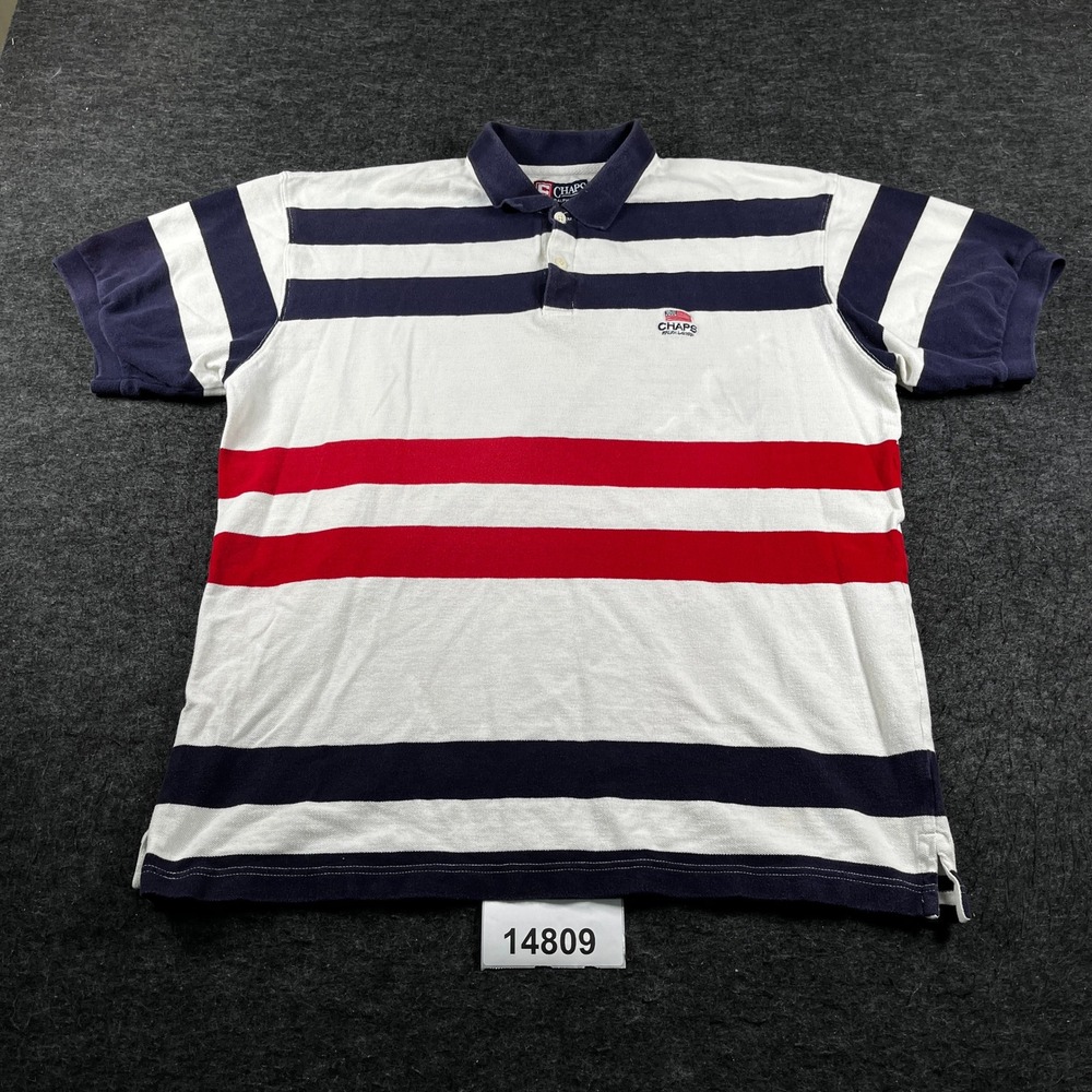 VTG Chaps Ralph Lauren Polo Shirt Mens XL White Striped Cotton Short Sleeve Golf